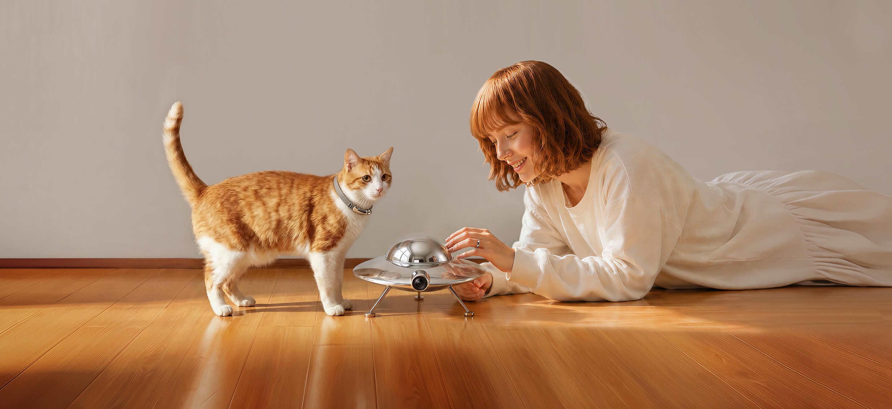 Catellect UFO home hub with cat and owner interacting on the floor