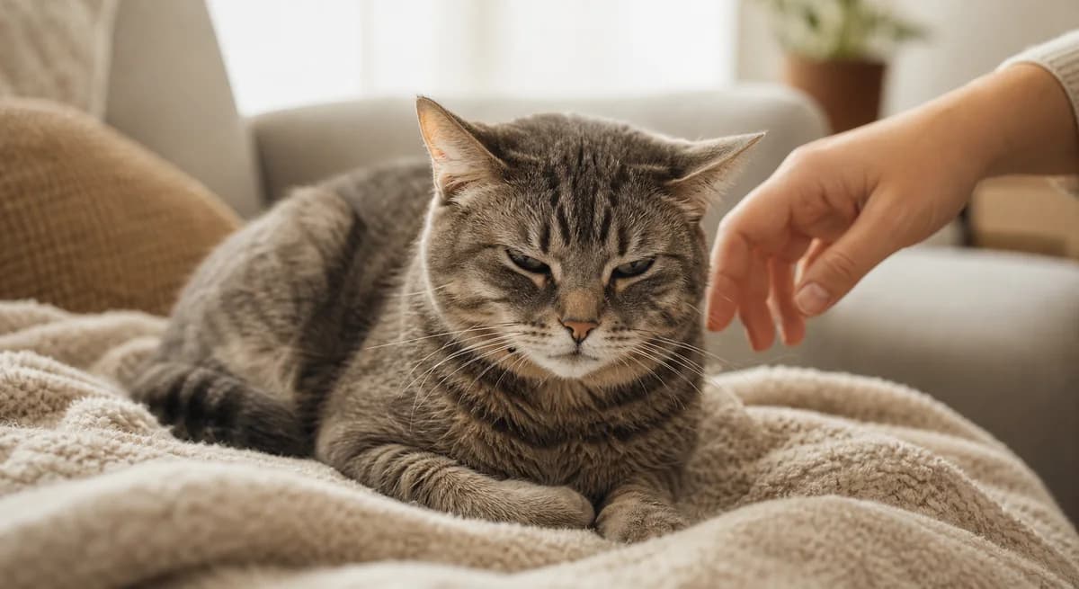 Cat resting with subtle facial tension - observing feline grimace scale pain cues
