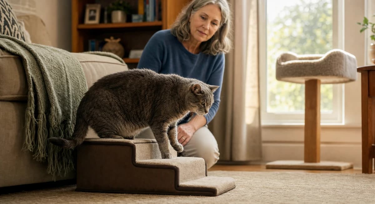 Senior cat using low steps at home - watching for chronic pain and mobility changes