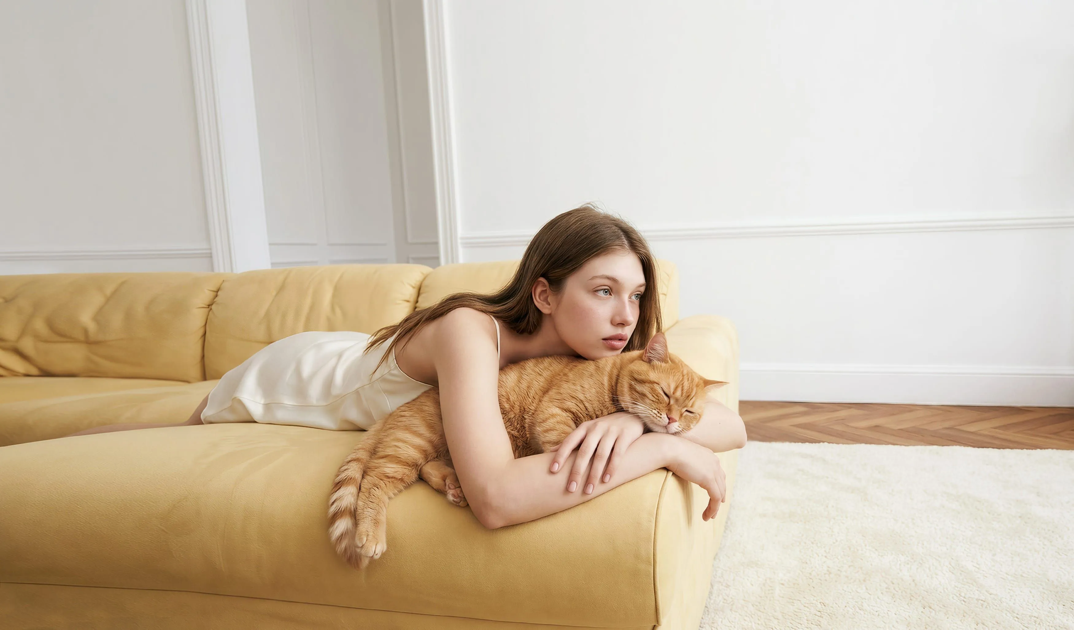 A person resting on a sofa at home with their cat