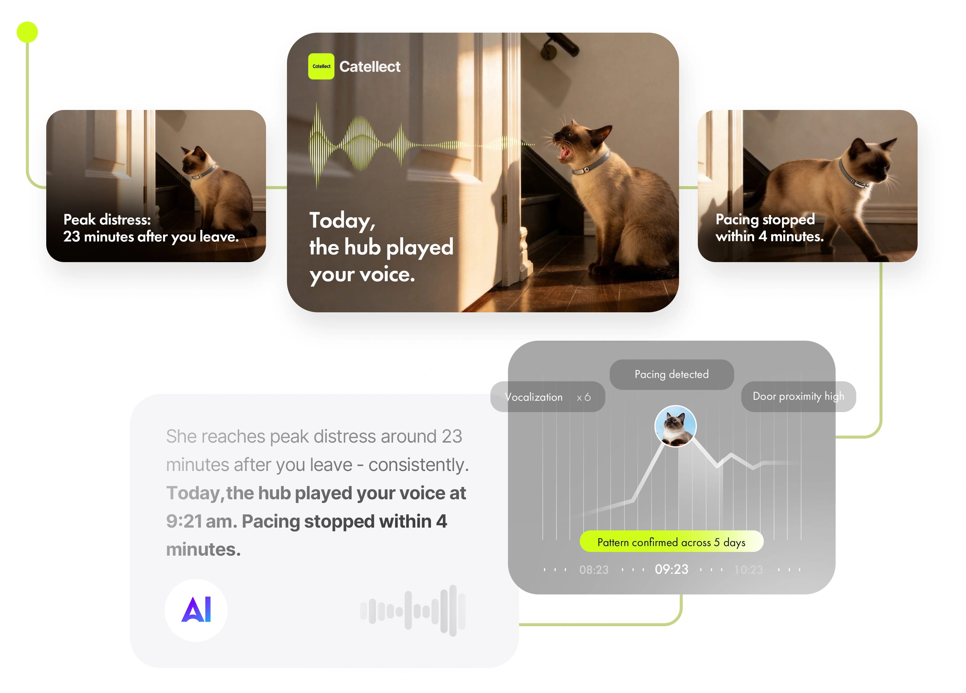 AI detection of separation anxiety patterns including pacing and vocalization with hub intervention