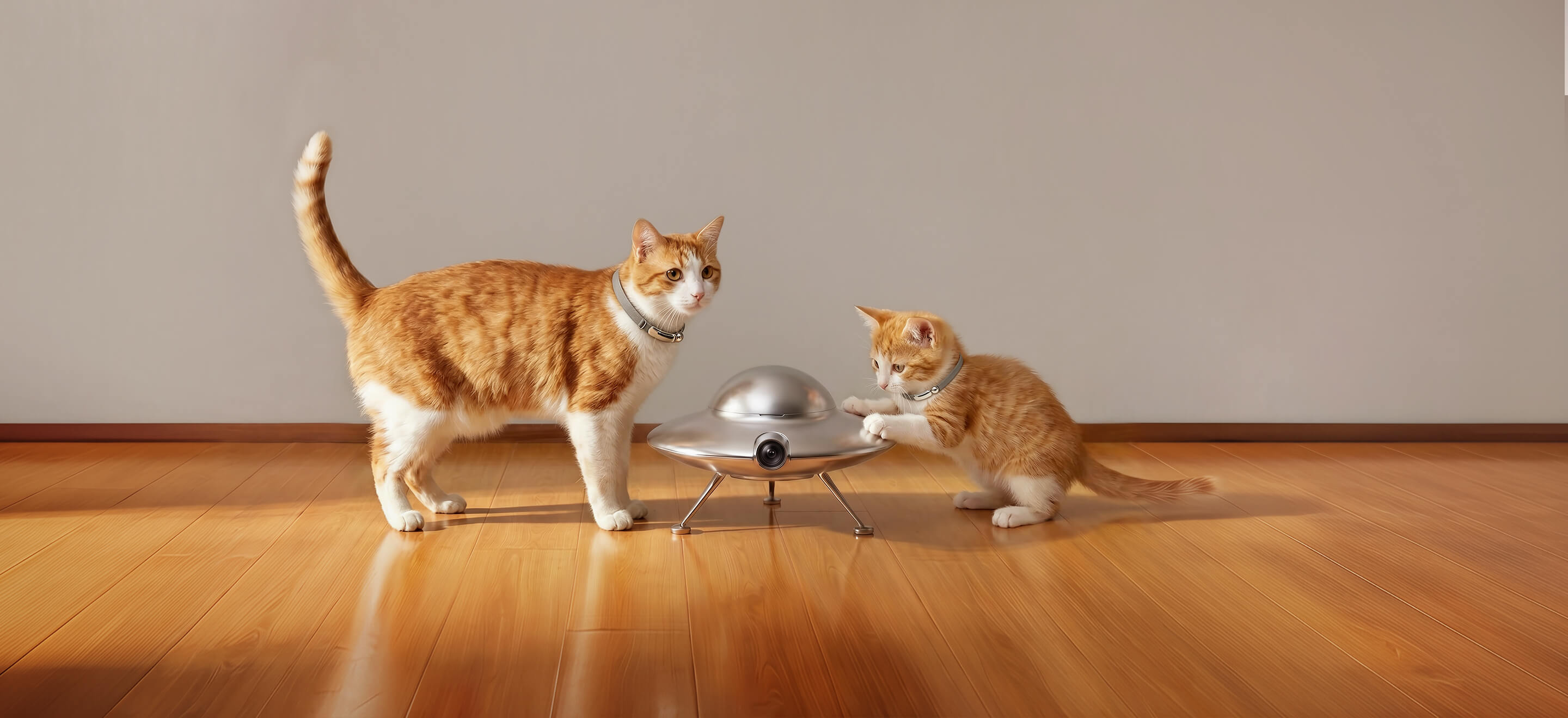 Two cats interacting with a Catellect UFO home hub on a wooden floor