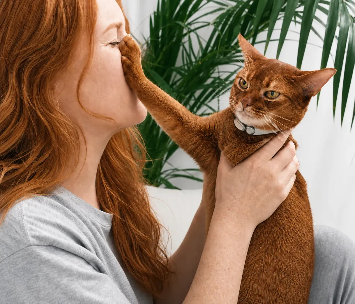 A woman holding a ginger cat that reaches a paw to her nose