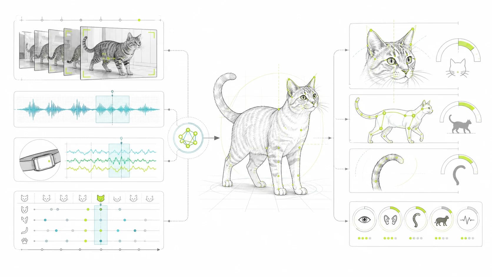 Diagram showing video, audio, wearable, and timeline signals fused for feline behavior understanding
