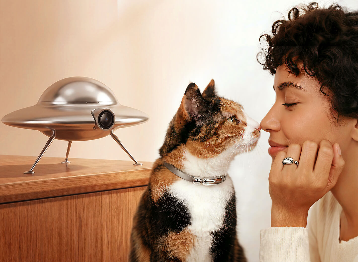 Cat-first Catellect UFO hardware nuzzling its owner