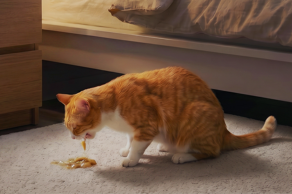 Orange cat vomiting hairball on bedroom rug at night