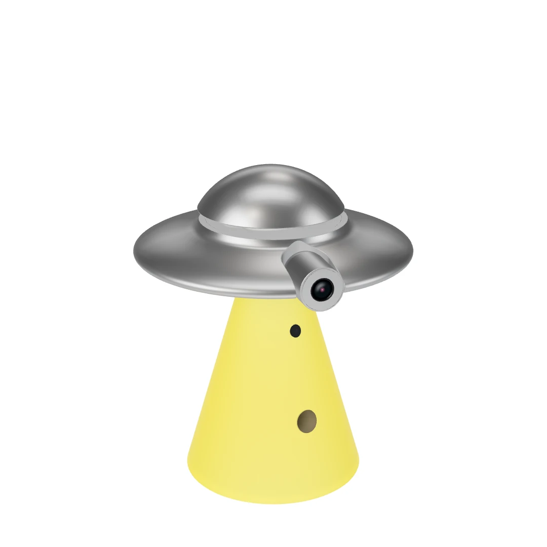 Silver Catellect Home Hub with the yellow Beam Module attached below