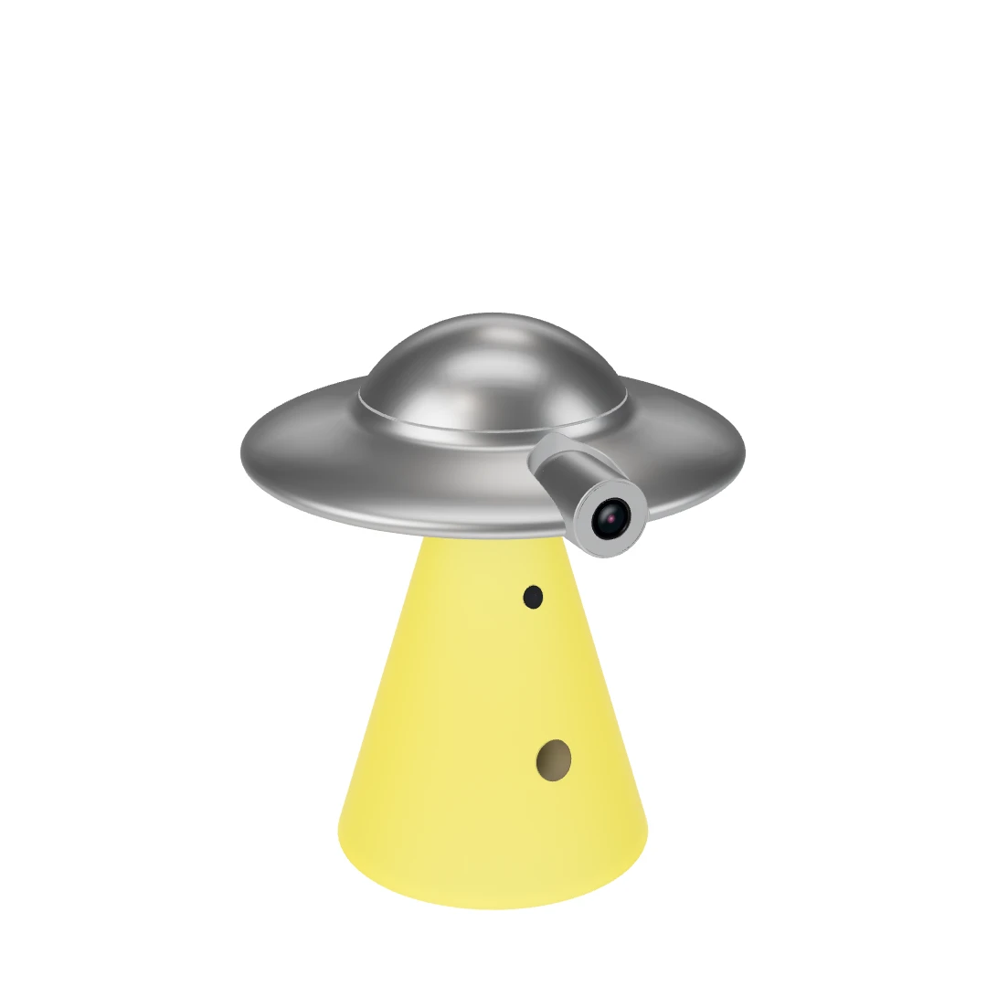 Silver UFO-shaped Catellect Home Hub with its camera and yellow illuminated base